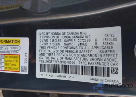 2023 Honda Civic Sport z USA, uszkodzony, nr VIN 2HGFE2F58PH570054